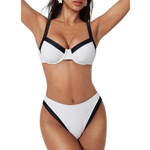 SUUKSESS Women Color Block Underwire Bikini Sets Cheeky High Cut 2 Piece Swimsuit (Small, White Black)