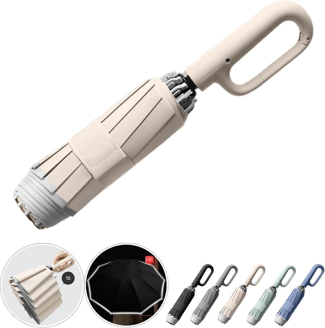 Ring Buckle Fully Automatic Umbrella, Reflective Safety Strip, Sturdy Windproof, Reverse Automatic, Travel Portable, Compact Folding (Beige)