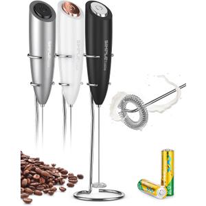 SIMPLETASTE Milk Frother Handheld Electric Foam Maker, Drink Mixer with Stainless Steel Whisk for Cappuccino, Bulletproof Coffee, Latte, Black, with Stand, Battery Operated