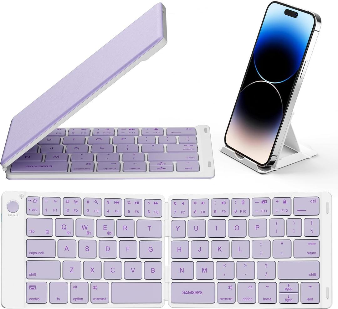 Samsers Bluetooth Foldable Keyboard, Wireless Portable Folding Keyboard, Full-Size Ultra-Slim Rechargeable Connect Up to 3 Devices for iOS Android Windows Phone Tablet and Laptop, Purple (BT x 3)