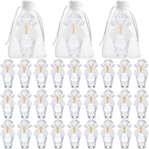 Chuangdi 30 Set Holy Catholic Water Bottles Bulk 50ml Christian Water Container Empty Glass Bottle with Cross Lapel Pin Organza Bag Ribbon Bow for Holy Communion Church Baptism Party Favor (Cute)