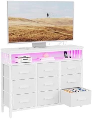 J-yaamiZz 9 Drawer Dresser TV Stand with LED Lights & Power Outlets, Entertainment Center with Open Shelf, Media Console for 50” TV, Large Storage Dresser for Bedroom (White)