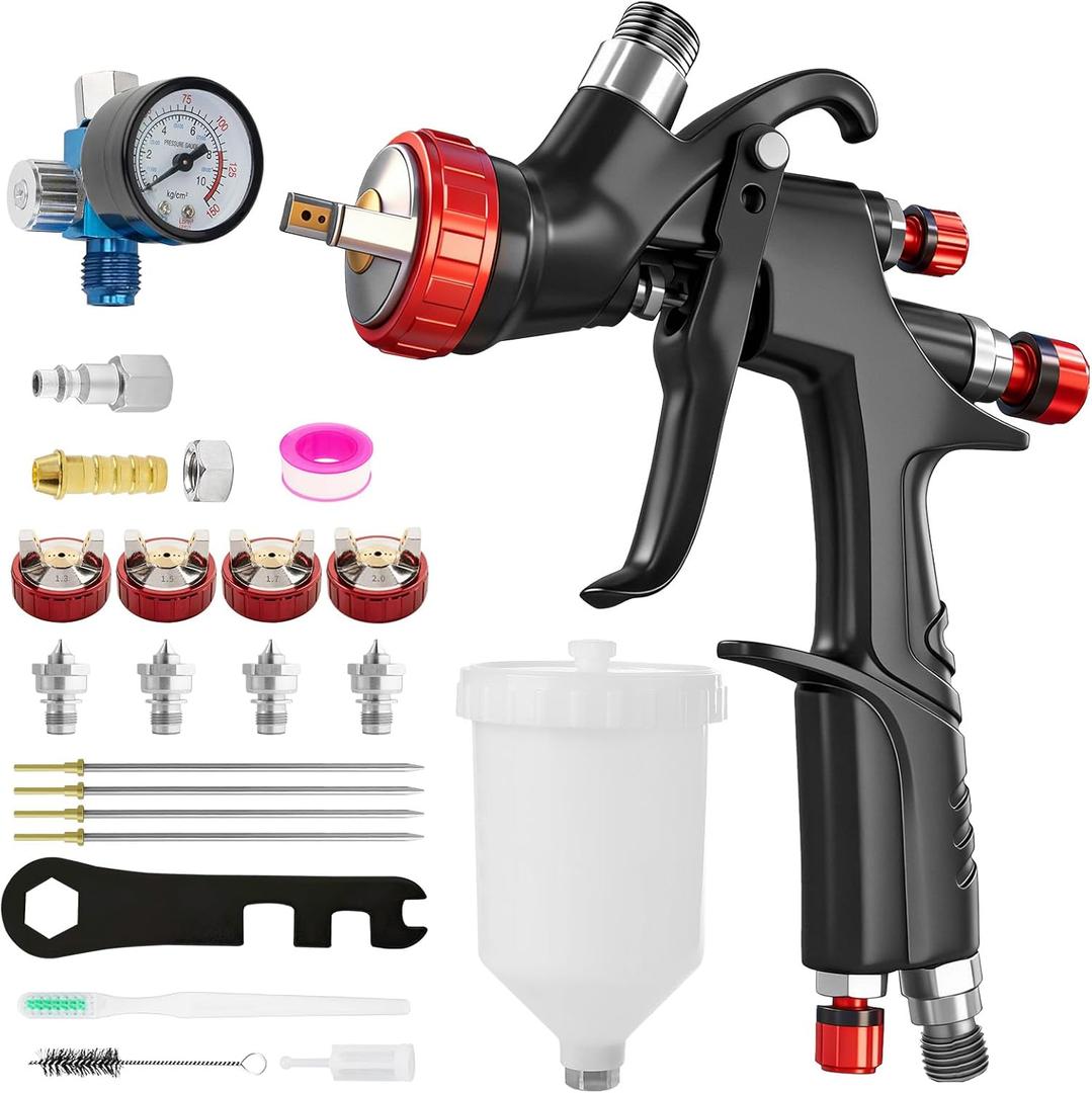 SRQ A610 LVLP Spray Gun with 1.3/1.5/1.7/2.0mm Nozzles and Air Regulator, R500Automotive Paint Spray Gun, Automotive Paint Sprayer, Gravity-Fed Spray Gun, Suitable for Auto Body Repair