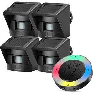 TECKNET Solar Wireless Driveway Alarm with 2600FT Long Range & 36 Melodies & 5 Volumes and Supports 4 Zones Weatherproof Motion Sensor Alarm to Protect Inside/Outside Property (1 Receiver 4 Sensor)