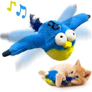 KreizyGo Cat Toys, Flapping Wings Blue-Bird, No Flying, Chirping Bird Interactive Catnip Toy for Kitten or Small Dogs, Touch Activated, Rechargeable