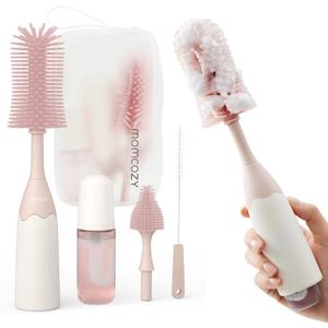 Momcozy Bottle Brush Kit with Push-Press Foam Design - Newborn Essentials Gift, Portable Cleaning Tool for Home & Travel, Baby Bottle Cleaner Brush for Breast Pumps & Nipples, Pink