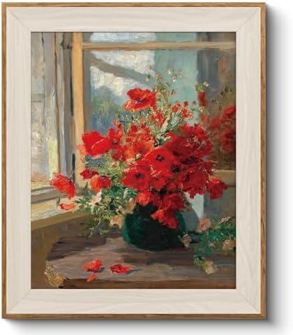VIYYIEA Framed Canvas Wall Art for Living Room, Vintage Home Decor Flowers Oil Painting Summer Room Decor Bathroom Wall Decor, Gifts for Friends or Family -【Red Poppy】-(36x24)