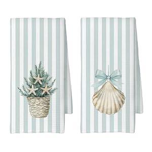 CUANFDDSF Blue Christmas Coastal Beach Kitchen Towels Set of 2, Preppy Beach Seashell Striped Decoration Tea Towel Kitchen Hand Towels for Bathroom, Preppy Christmas Bathroom Decor, 16x24 Inch