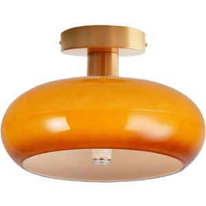 Orange Glass Flush Mount Ceiling Light Modern Close to Ceiling Light Fixtures with 11" Milk Glass Shade Dome Flush Mount Lamp Gold Brass Ceiling Lamp for Hallway Bedroom Kitchen Sink