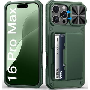 for iPhone 16 Pro Max Wallet Case, Built-in Credit Card Holder (4-5 Cards), Military Protection, Slide Lens Cover, Rugged Heavy Duty Women Men Protective Phone Case for iPhone 16Pro Max, Green