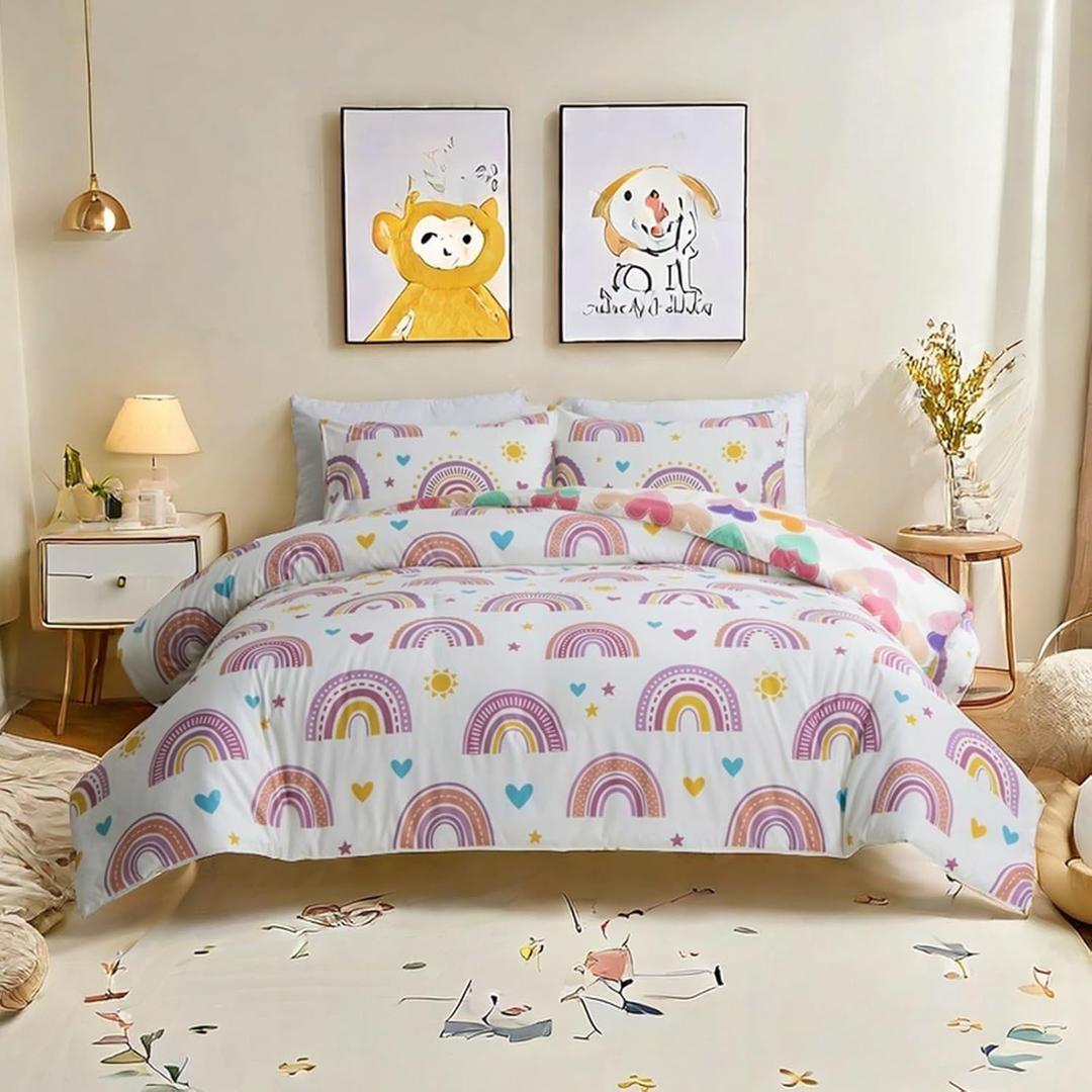 Btargot Lightweight Soft 3 Piece Rainbow Comforter Set with 2 Pillow Covers, Cartoon Love Hearts Suns and Stars Bedding Set for Girls Boys Kids, Full Purple