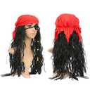 Boieo Pirate Wig for Women Men, Pirate Costume Women Men Halloween, Black Hair Wigs with Accessories, Headband Bandana Head Scarf Set, Adult Captain Hat Eye Patch