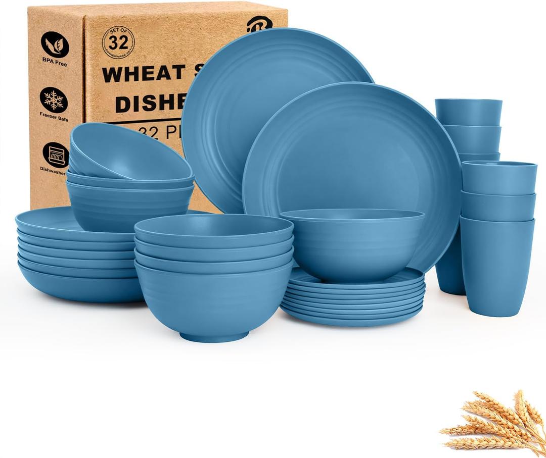 Dinnerware Sets for 8, Wheat Straw Bowls and Plates Set, Microwave and Dishwasher Safe Dish Sets 32 PCS, Unbreakable & Lightweight Camping Plates Cups and Bowls Set for Kitchen - Blue