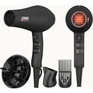 JINRI Ionic Hair Dryer with Diffuser & Comb and Concentrator, Lightweight Quiet Infrared Blow Dryer, Powerful 1875 Watt Motor for Smooth and Fast Drying Hair, Black