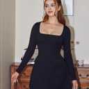 YMDUCH Women's Sexy Square Neck Long Sleeve Mini Party Dress (Black, M)