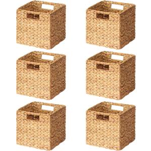 SpaceAid 6 Pack Wicker Basket, Storage Baskets for Organizing, Woven Rattan Basket with Handles for Shelves, Water Hyacinth Large Cube Organizer Storage Bin, 10.5x10.5x10.5 inch, Natural (6-Pack, 10.5x10.5x10.5in)