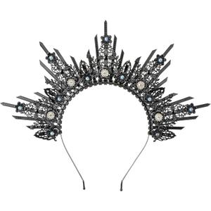 Sun Goddess Halo Crown - Moon Headband with Rhinestones, Zip Tie Renfaire Headpiece for Women Renaissance Halloween (Black Spiked)