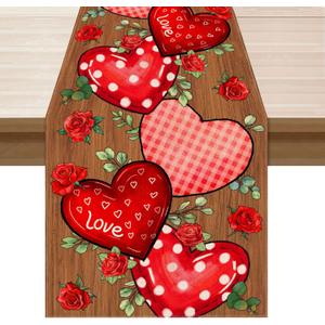 XCHI Wood Love Hearts Roses Flowers Valentine's Day Table Runner Table Decoration for Party Home Kitchen Dining Holiday Decor 13x108 Inch