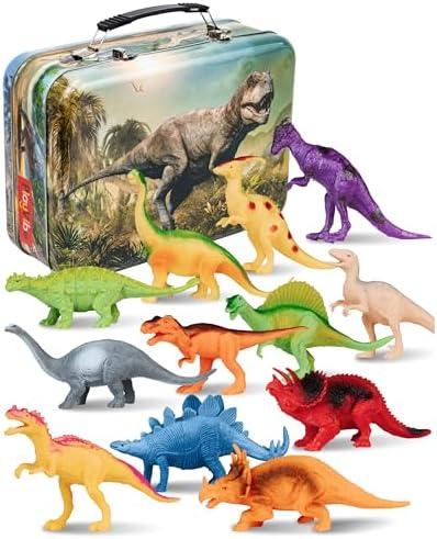 PLAYVIBE Dinosaur Toys - 12 Realistic 7-Inch Models, Multi-Color, Metal Storage Box - Dinosaur Figures & Action Figures for Kids Ages 3-7
