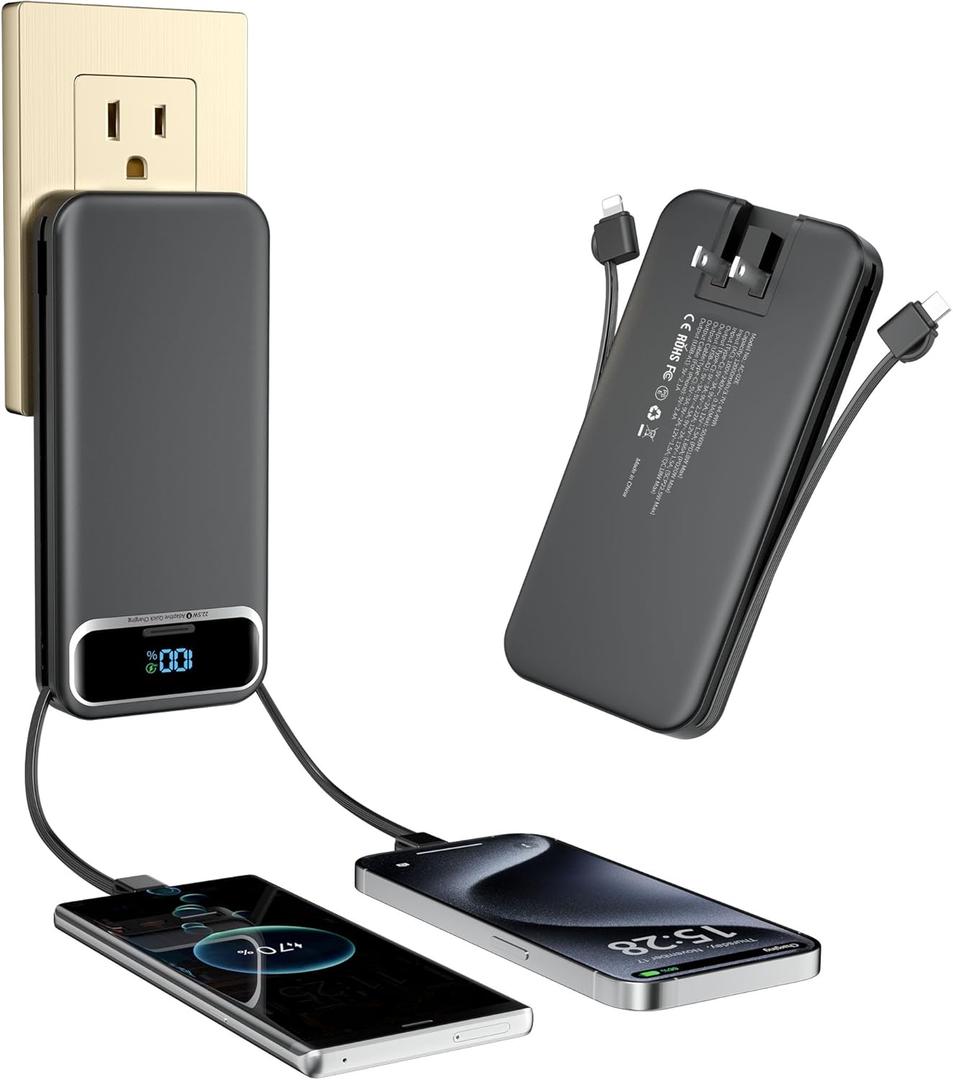 Portable-Charger Power-Bank with Built-in Cables & AC Wall Plug - 12000mAh PD 20W Fast Charging for iPhone,Android, USB-C,Rechargeable External Battery Pack for Cell Phone,Type C cords,Travel Black