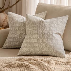 MIULEE Set of 2 Neutral Boho Farmhouse Throw Pillow Covers 20x20 Inch Cloud Cream Vintage Accent Floral Cotton Linen Pillowcases for Couch Bed Living Home Decor