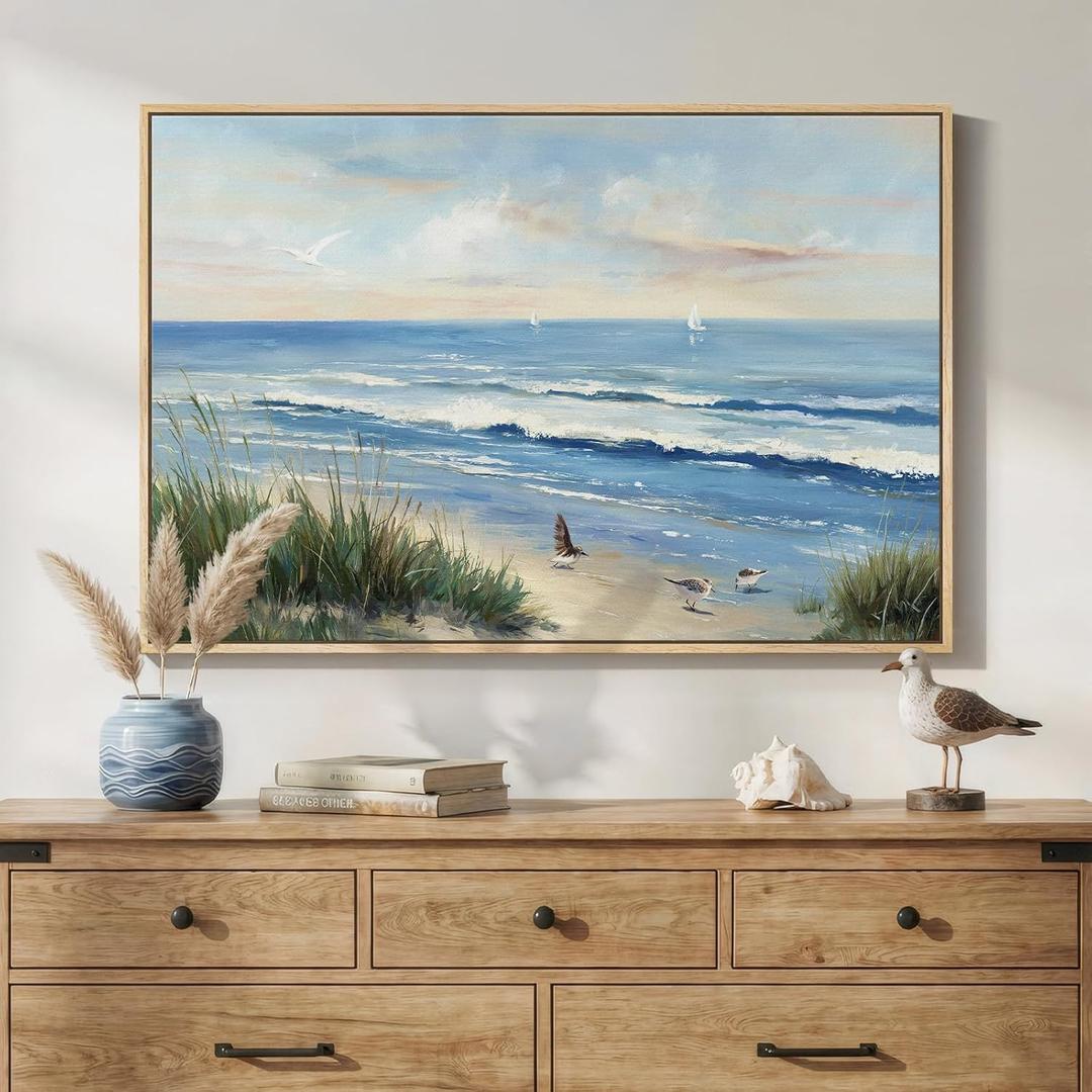 Framed Coastal Beach Blue Canvas Wall Art, Ocean Landscape Prints Paintings, Large Nature Pictures Wall Decor for Bedroom, Dining Room, Bathroom, Office, Kitchen, Farmhouse Living Room, 24x36 In