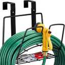 Frienda Garden Hose Holder with Storage Basket Heavy Duty Wall Mount Hose Hanger Metal Water Hoses Holder Fence Storage Organizer Nails for Extension Cords Outdoor Garden Yard(Movable Type,Black)