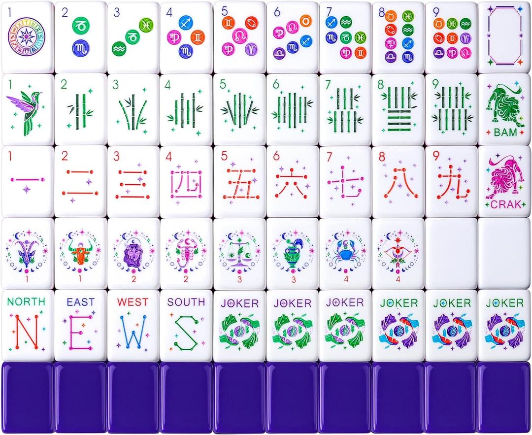 American Mahjong Tile Set 160 Acrylic Tiles with 4 All-in-One Mahjong Tile Racks & Pushers, 12 Zodiac Designs, 4-Layer Colors, 100 Chips, 3 Golden Dice, Vintage Leather Portable Case