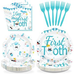 96Pcs First Tooth Party Supplies Blue Dental Plates and Napkins Disposable Cute Cartoon Tooth Fairy Dentist Tableware Set for Baby's Teeth Dentist Clinic Baby Shower Party Decorations Serves 24