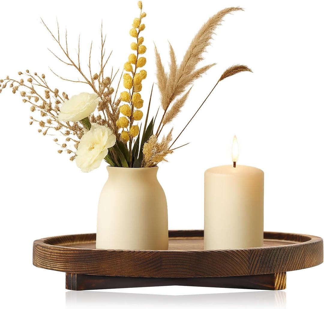 12 inch Large Round Decorative Tray Wood Bathroom Counter Organizer Farmhouse Kitchen Decor Wooden Riser for Perfume Soap Dish Wood Decorative Candle Holders for Home Decor Brown Table Centerpieces