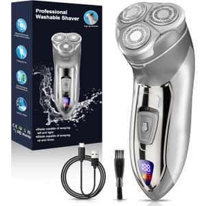 Sakioo Electric Razor for Men, Rechargeable LED Display, Wet/Dry Waterproof, Cordless with Pop Up Trimmer, Silver