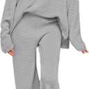 Pink Queen Women's 2 Piece Knit Outfit Set Long Sleeve Button Sweater Top and Wide Leg Pants Lounge Set Gray L