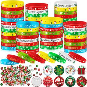 Poen 240 Pcs Christmas Party Favors 120 Christmas Silicone Bracelets 120 Xmas Round Pin Buttons Santa Snowflake Rubber Wristbands Bulk Set for Xmas Adult Gifts Stuffers Fillers Decoration Supplies