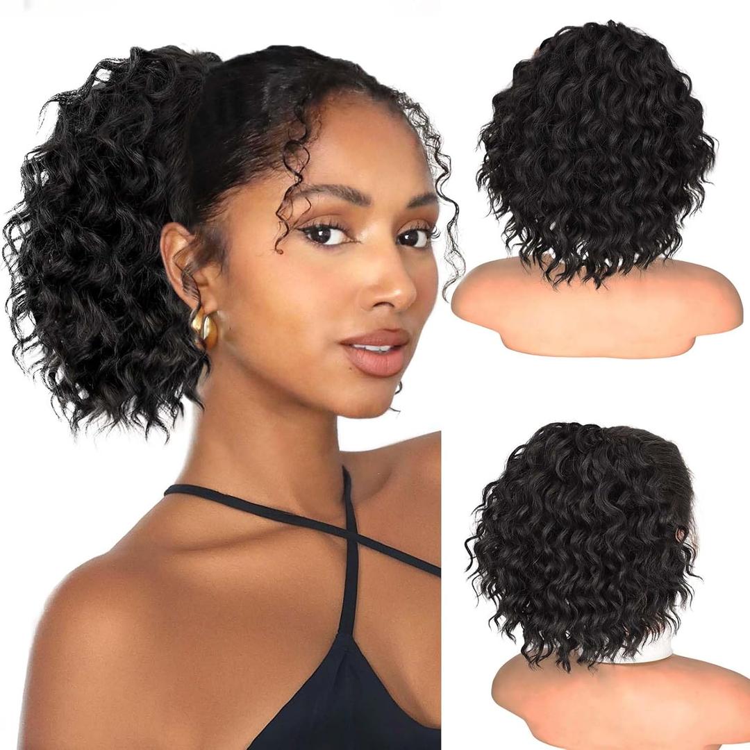 Isaic Ponytail Extension 8 Inch Short Wavy Curly Ponytails Drawstring Ponytail for Black Women Jet Black Pony Tails Hair Extensions Synthetic Hairpiece for Daily Use