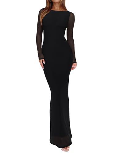 REORIA Women's Spring Mesh Sheer Long Sleeve Wedding Guest Dress Sexy Floral Bodycon Maxi Long Dresses Black Onyx Small