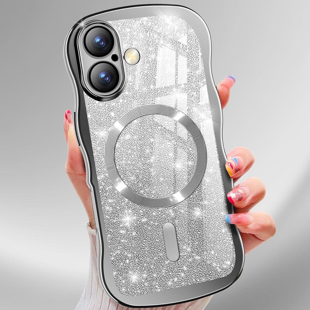Misscase for iPhone 17 Case,with Privacy Screen Protector,Compatible with MagSafe,Bling Glitter Cute Curly Wave Border Phone Cover for Women Men, Drop Protection Anti-Slip Silver