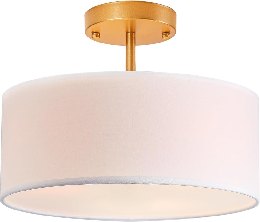 Bargeni Semi Flush Mount Ceiling Light,13 inch Drum Ceiling Light Fixture,Gold Light Fixtures Ceiling Mount with White Fabric Shade, 3-Light Modern Ceiling Light for Bedroom,Living Room and Kitchen