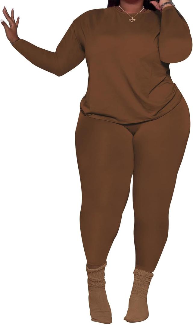 PINSV Women's Plus Size 2 Piece Outfits Tracksuits Long Sleeve Top Pants Sets Sweatsuit (XX-Large Plus, Brown)