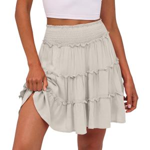 Caracilia Womens Summer Flowy Mini Skorts Skirts High Waist Ruffle Tiered Casual Cute Boho Beach Short Skirts Built-in Shorts (Large, Khaki)