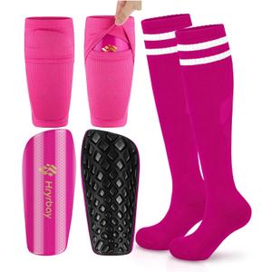 Hryrbay Kids Soccer Shin Guards Toddler Shin Pads with Sleeves and Socks for Age 3-16 Protective Lightweight Soccer Equipment Ideal for Playing Training Inspired by The World Cup Rose Red L