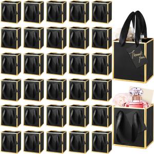 Yeaqee 50 Pcs Mini Metallic Paper Gift Bags with Handles 4x2.75x4.5'' Tiny Small Gift Bags with Thank You Tag for Wedding Graduation Birthday Party Return Gifts Jewelry Business (Black,Gold)