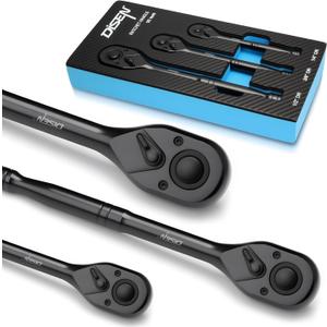 DISEN 3PCS Black Ratchet Wrench Set (1/2", 3/8", 1/4" Drive) - 90-Tooth Drive Ratchet Socket Wrench, Black Oxide Finish with Reversible Quick Release & EVA Tray - Industrial Ratchet Wrench Kit