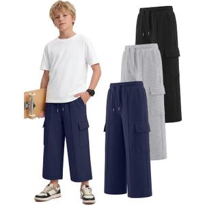 3 Pack Boys Capri Pants Drawstring Elastic Waisted Teens Cargo Joggers Pull on Casual Sweatpants with Pockets