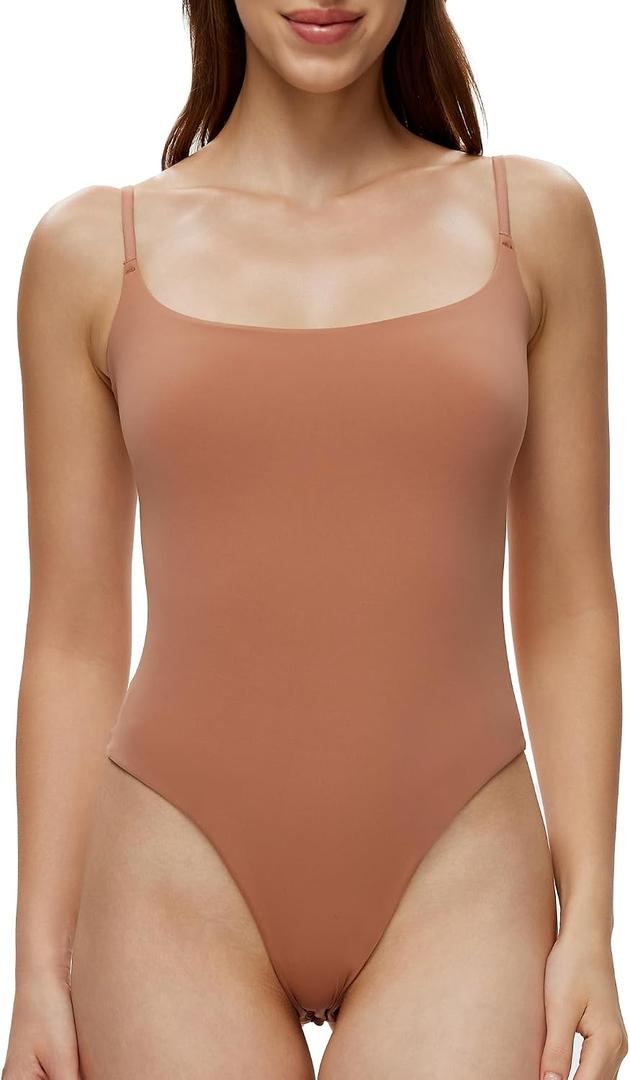 NANJI Spaghetti Straps Bodysuit for Women - Slim Fit Scoop Neck Thong Body Suit, Stretch Double Lined Tops, Casual Going Out (Beige, M)
