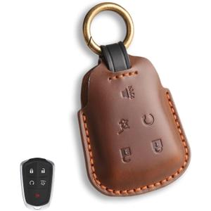 Fits The Remote for Cadillac Key fob Cover Perfectly, Compatible with 2015-2020 CT4 CT5 CT6 XT4 XT5 XT6 ATS CTS SRX XTS 5 Button Key Fob Chain Case Shell/Brown