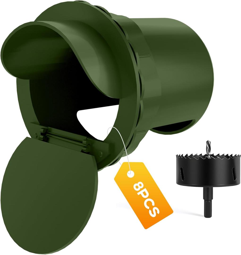 Chicken Feeder Port 8 Pack Poultry No Waste Port Kit with Stopper Lid, 1 Hole Saw, DIY Automatic Reusable Coop Feeders, Rain Proof Gravity Feeding Geese Duck Hens Rooster for Bucket Barrel Bin (Green)