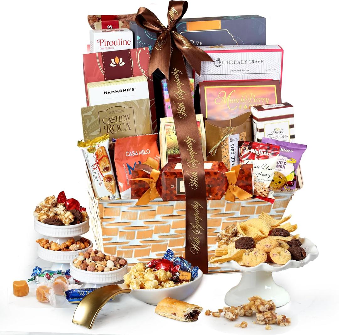 Broadway Basketeers Sympathy Gift Basket Deluxe, Condolences Gifts for Loss, Bereavement or Kosher Shiva, Food Care Package for Delivery With Snacks & Sweets