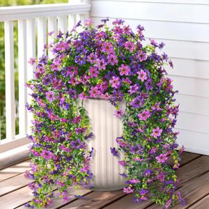 Artificial Hanging Flowers for Outdoors, 2 Pcs Fake Hanging Plant Spring Summer Decor, UV Resistant No Fade Realistic Faux Flower for Front Door Porch Planter Patio Garden Yard(Double Purple)