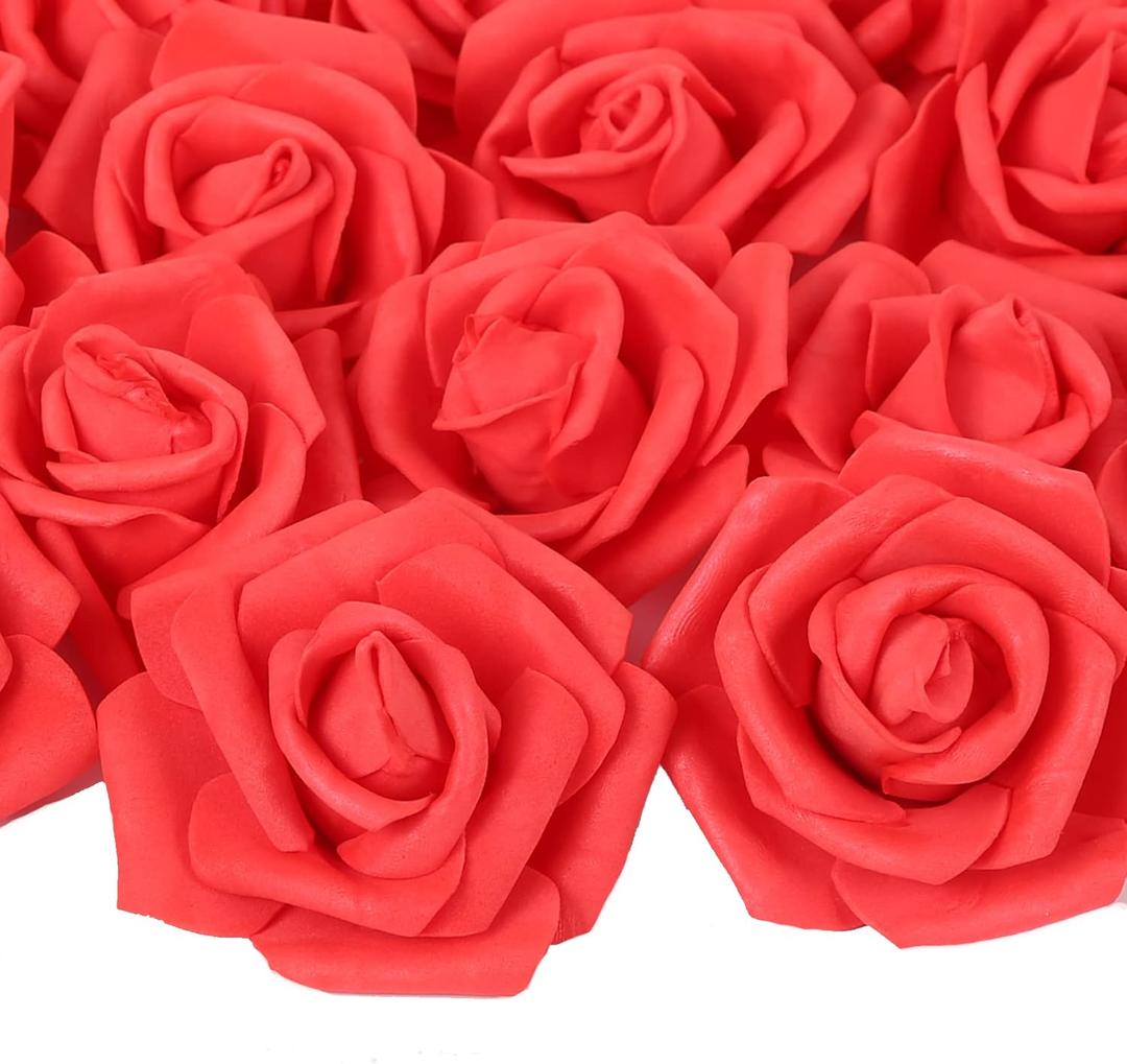 Artificial Rose Flowers,100 pcs Red Foam Rose Bulk Fake Flower Heads for DIY Wedding Bouquets Rose Wall Kissing Balls Bridal Shower Centerpieces Arrangements Party Tables Decorations(Coral Red)