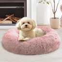 JOLLYVOGUE Calming Dog Bed for Small Dogs - 23 inches Donut Washable Small Dog Bed for Kittens & Puppies, Anti-Slip Round Fluffy Plush Faux Fur Cat Beds (Fits up to 25 lbs Pets, Dark Pink)